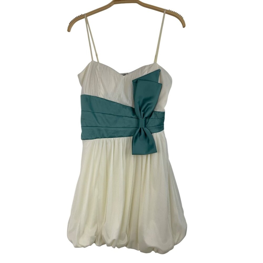 Mystic VTG Y2K Mini Dress With Bow Bubble Skirt Mesh Ivory Teal Size S RCC10459